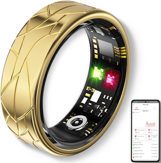 Jawploy Gold Smart Ring fitness tracker with sleep, heart rate, pedometer, waterproof design, gesture controls, and 8-day battery life.