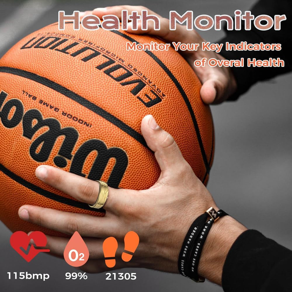Jawploy Gold Smart Ring Fitness Tracker with sleep, heart rate, pedometer, waterproof design, gesture controls, and 8-day battery life.