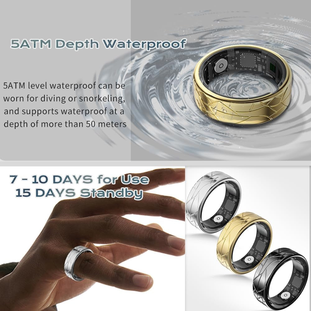 Gold Jawploy smart fitness ring with sleep, heart rate, pedometer, waterproof design, gesture controls, and 8-day battery life.