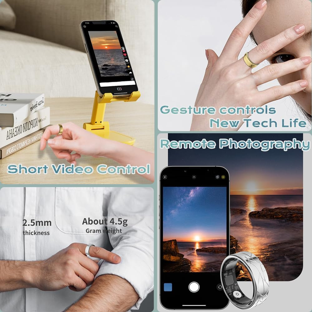 Jawploy gold smart fitness ring with sleep, heart rate, pedometer, waterproof design, gesture controls, and 8-day battery life.