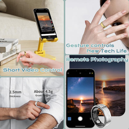 Jawploy gold smart fitness ring with sleep, heart rate, pedometer, waterproof design, gesture controls, and 8-day battery life.