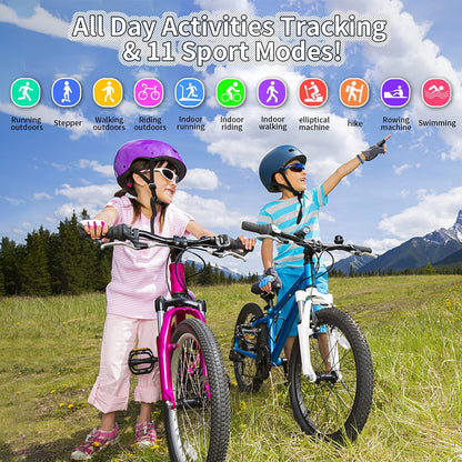 Pink K-berho kids fitness tracker watch with activity tracker, pedometer, stopwatch, waterproof design, and 11 sport modes for ages 6-16.