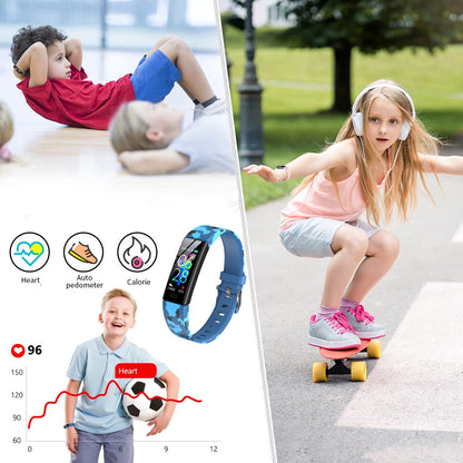 Pink K-berho kids fitness tracker smartwatch with activity monitor, pedometer, stopwatch, waterproof design, and 11 sport modes for ages 6-16.