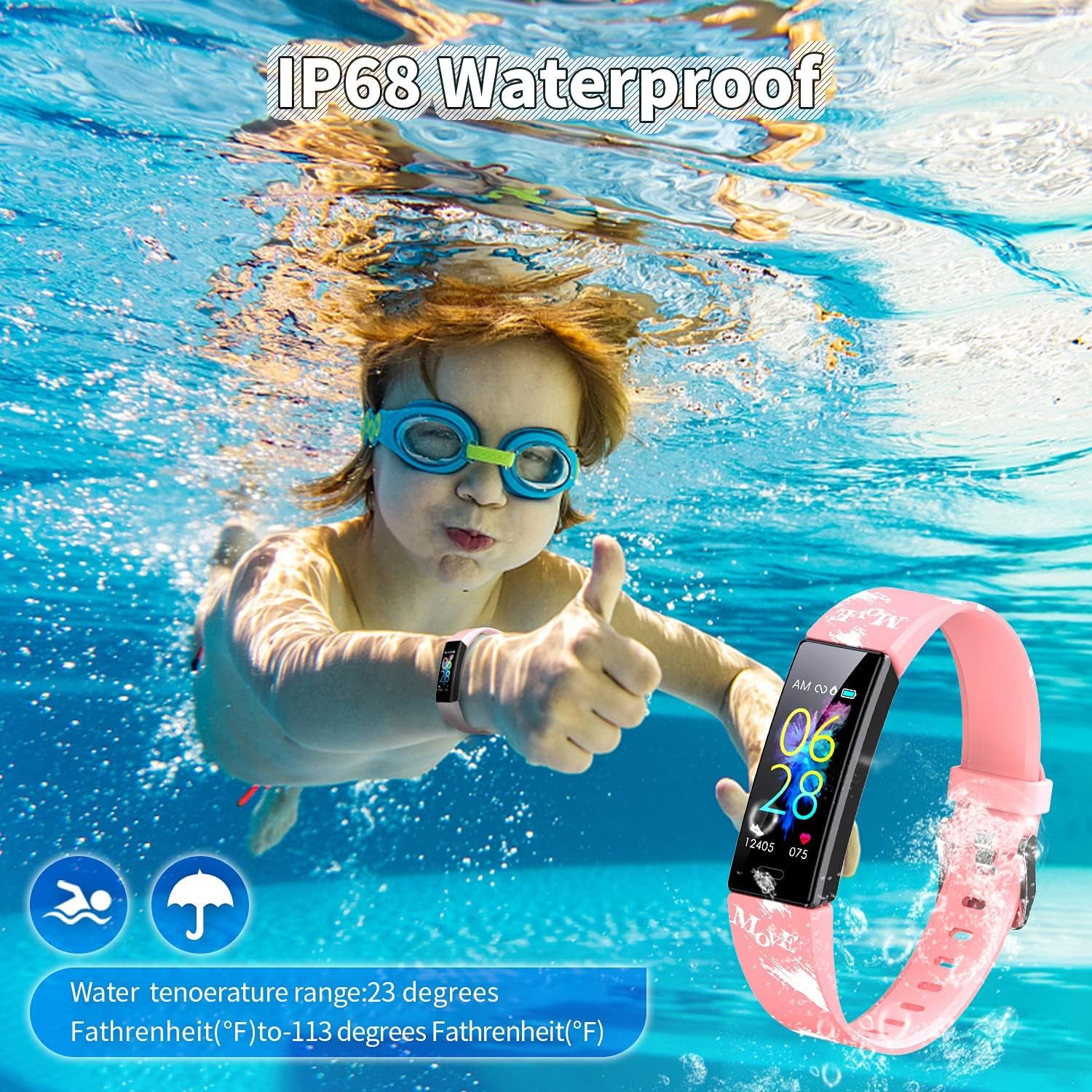 Pink K-berho kids' fitness tracker watch with activity tracker, pedometers, stopwatch, waterproof design, and 11 sport modes for ages 6-16.