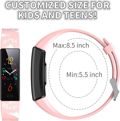 Pink K-berho kids' fitness tracker smartwatch with pedometers, stopwatch, IP68 waterproof design, 11 sport modes, for ages 6-16.
