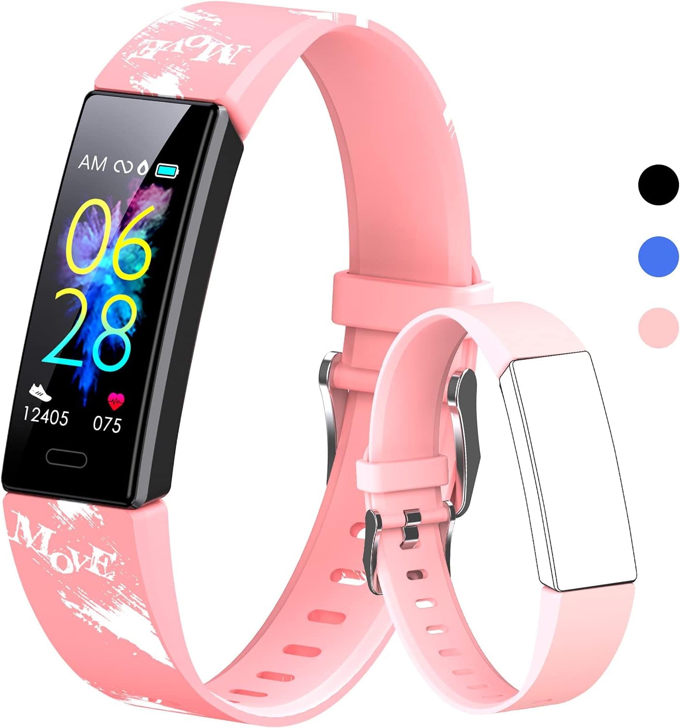 Pink kids' fitness tracker smartwatch by K-berho with activity monitor, pedometer, stopwatch, waterproof design, 11 sport modes for ages 6-16.