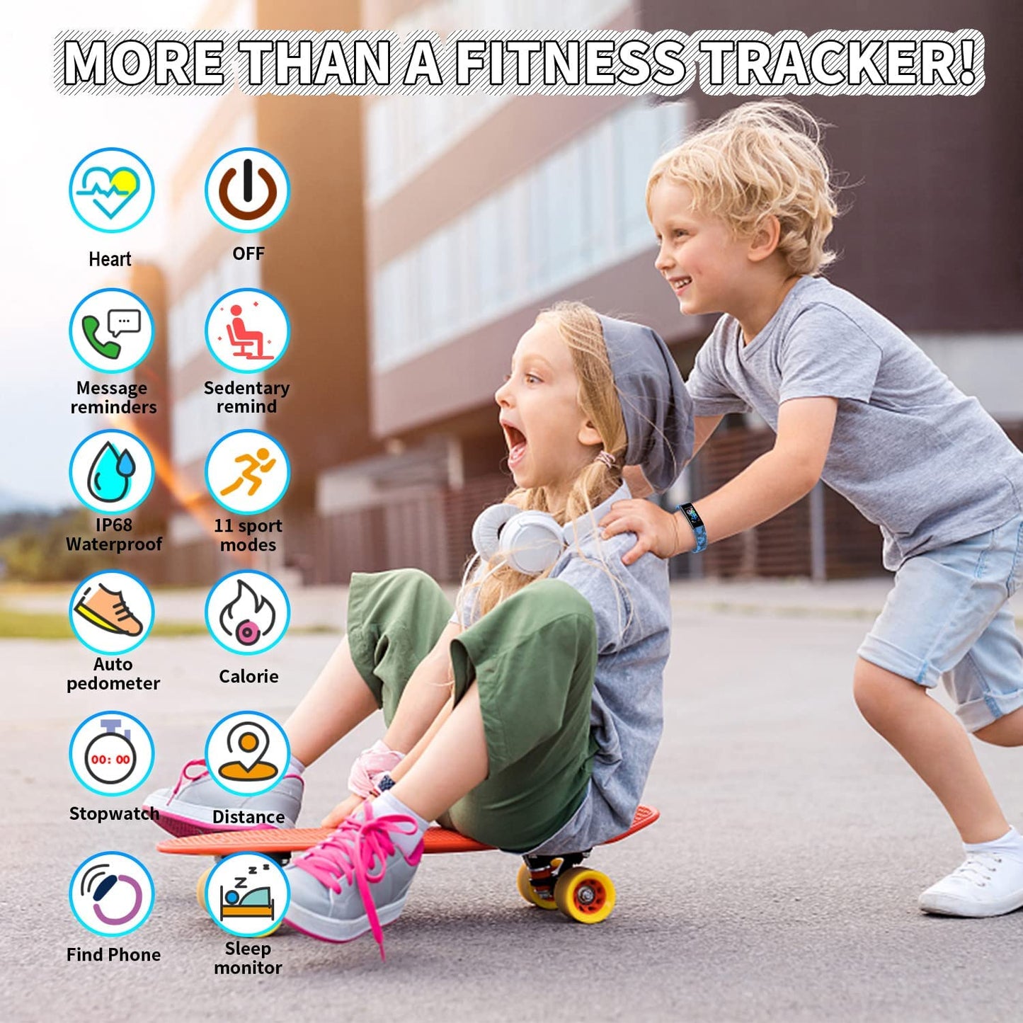 Pink K-berho kids fitness tracker watch showing a colorful display, waterproof design, and multiple sport modes for children aged 6-16.