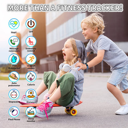 Pink K-berho kids fitness tracker watch showing a colorful display, waterproof design, and multiple sport modes for children aged 6-16.