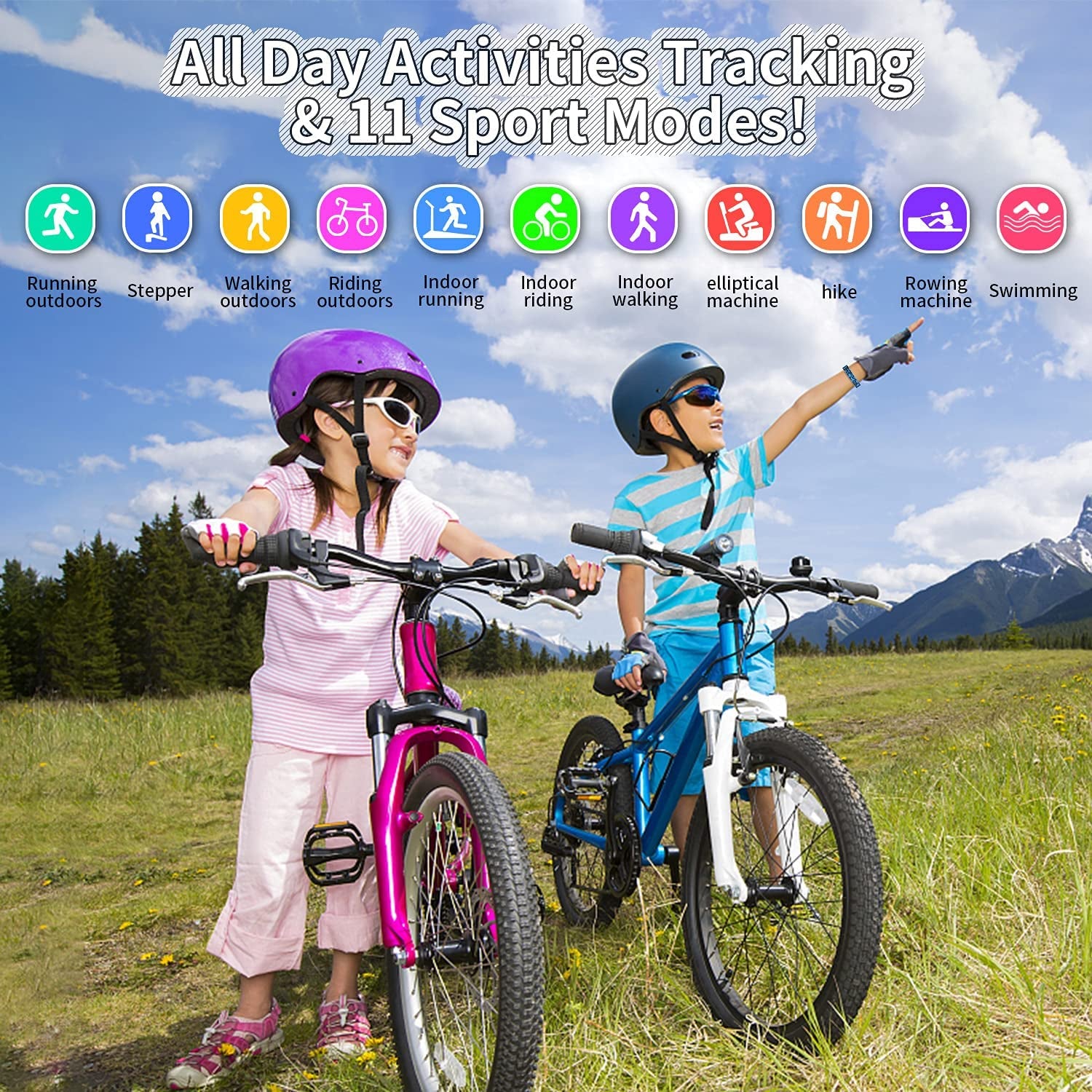 Pink kids' fitness tracker watch by K-berho showing digital display, activity features, and sporty design for children ages 6-16.