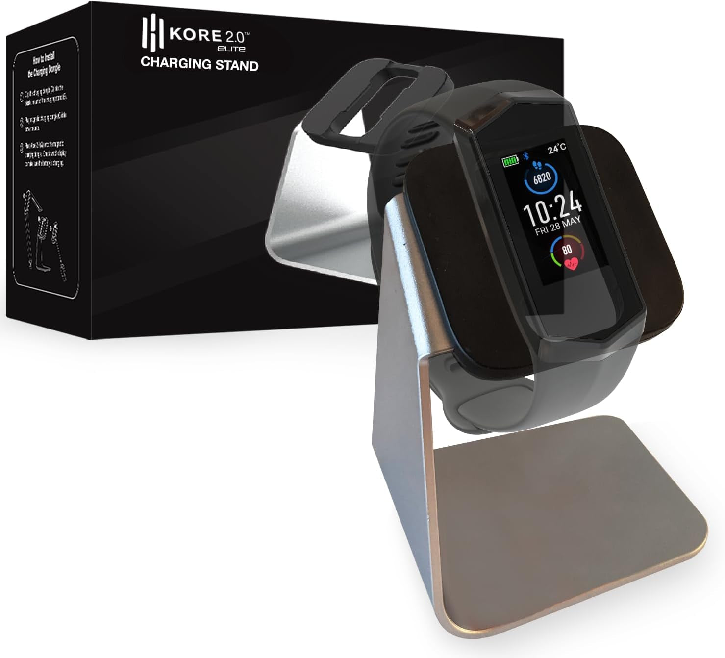 KoreHealth KORE 2.0 Elite smartwatch charging stand in sleek aluminium, non-slip holder for fitness tracker and heart rate monitor.