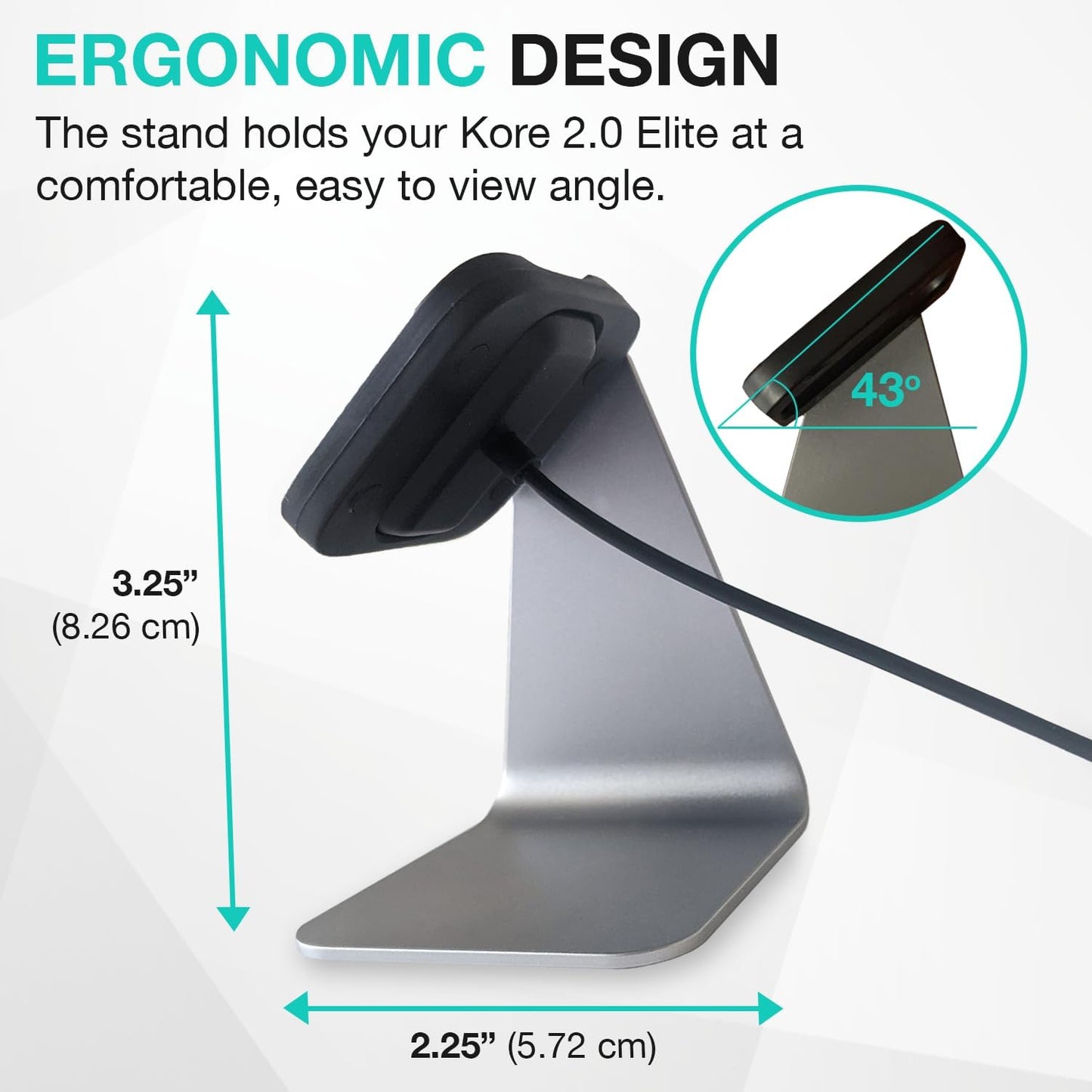 KoreHealth KORE 2.0 Elite smartwatch charging stand in sleek aluminum, non-slip design for fitness tracker and heart rate monitor.