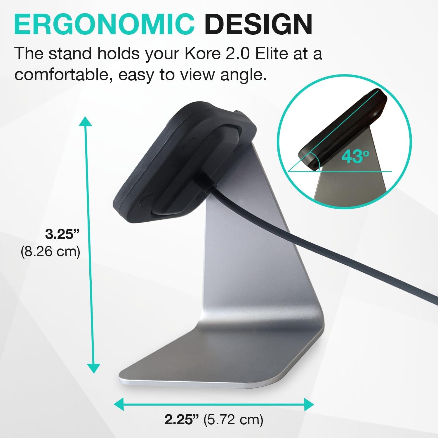 KoreHealth KORE 2.0 Elite smartwatch charging stand in sleek aluminum, non-slip design for fitness tracker and heart rate monitor.