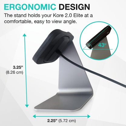 KoreHealth KORE 2.0 Elite smartwatch charging stand in sleek aluminum, non-slip design for fitness tracker and heart rate monitor.