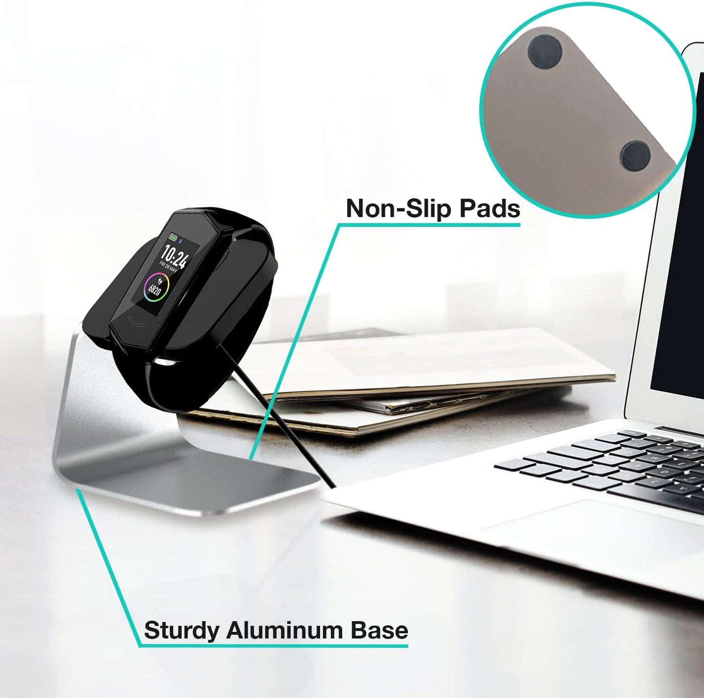 KoreHealth KORE 2.0 Elite smartwatch charging stand in sleek aluminum, non-slip design holds fitness tracker and heart rate monitor.