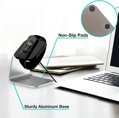 KoreHealth KORE 2.0 Elite smartwatch charging stand in sleek aluminum, non-slip design holds fitness tracker and heart rate monitor.