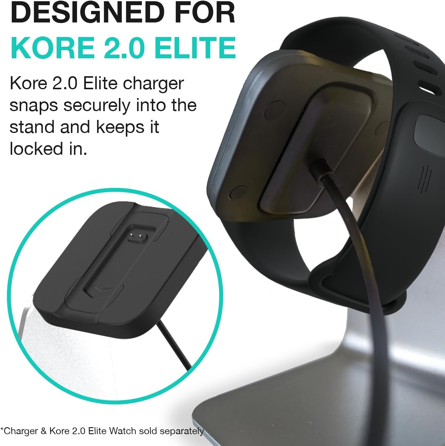 KoreHealth KORE 2.0 Elite smartwatch charging stand, sleek aluminum holder for fitness tracker and heart rate monitor.