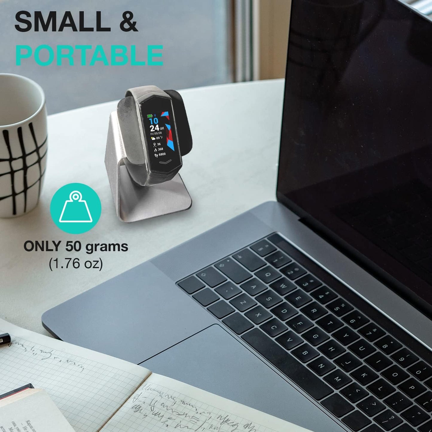 KoreHealth KORE 2.0 Elite smartwatch charging stand made of aluminum, non-slip design, holds fitness tracker and heart rate monitor.
