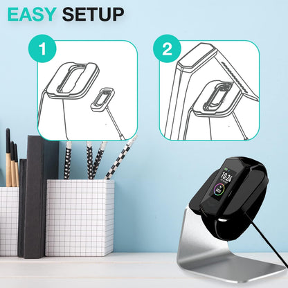KoreHealth KORE 2.0 Elite smartwatch charging stand in sleek aluminium, non-slip design for fitness tracker and heart rate monitor.