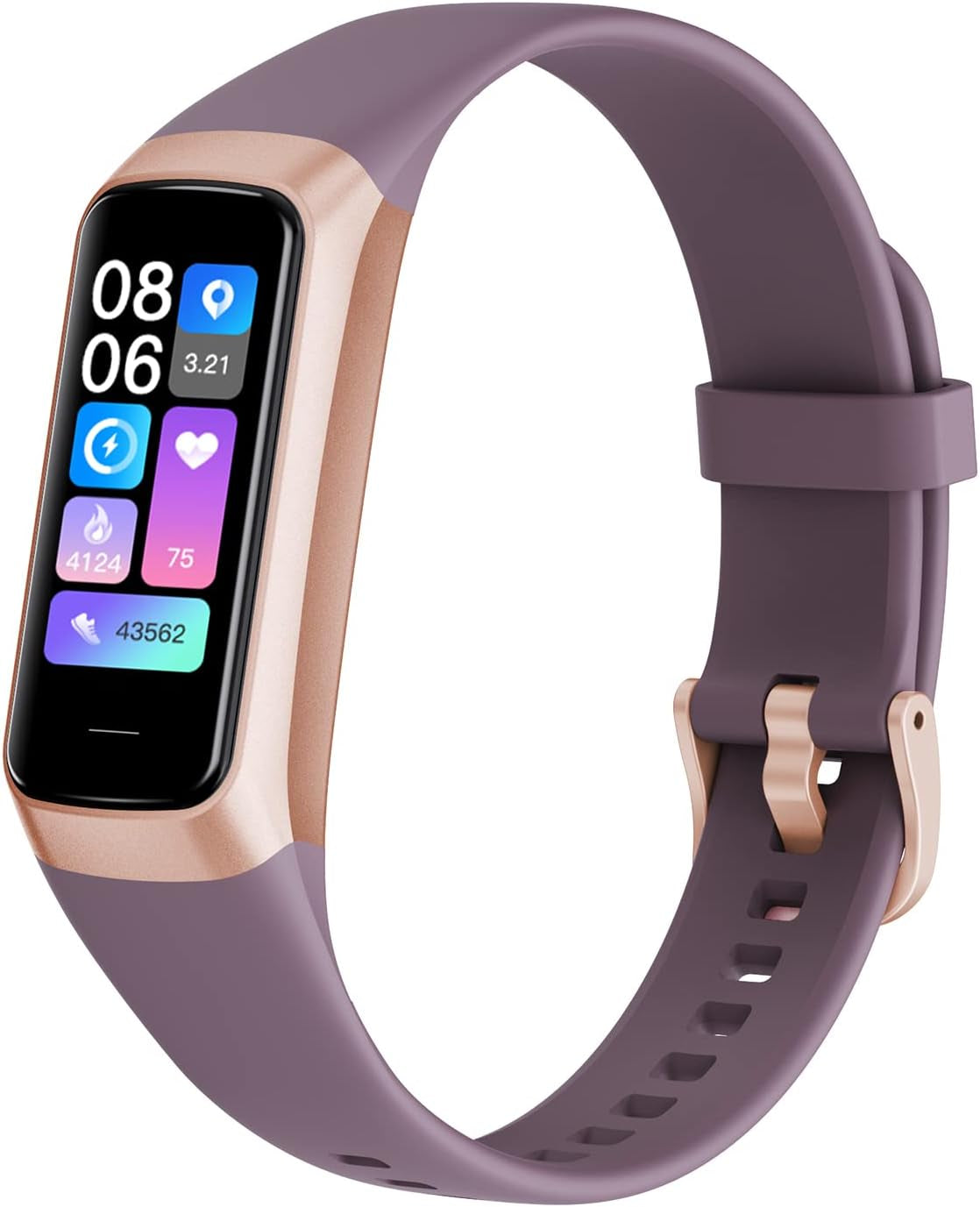 KYUHJU fitness tracker watch showing digital display with heart rate, blood pressure, sleep, and activity tracking features.