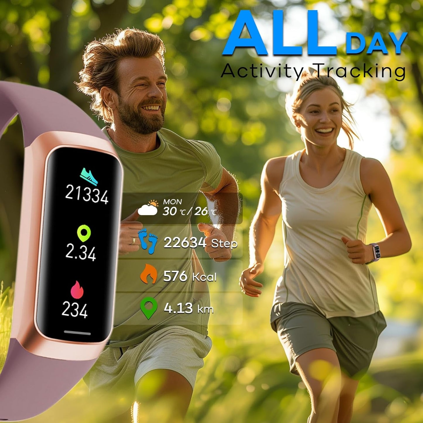 KYUHJU fitness tracker watch displaying blood pressure, heart rate, sleep data, waterproof design, and activity tracking features.