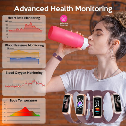 KYUHJU fitness tracker watch displaying heart rate, blood pressure, sleep data, and step count on a sleek digital screen.