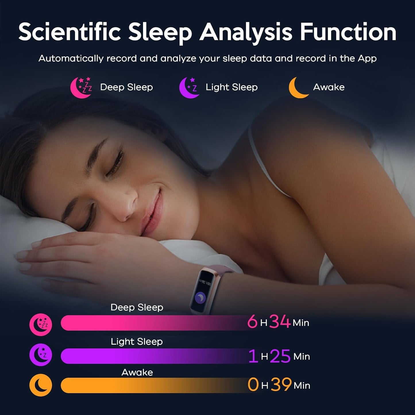 KYUHJU fitness tracker watch with blood pressure, heart rate monitor, sleep tracking, waterproof design, and activity tracking features.