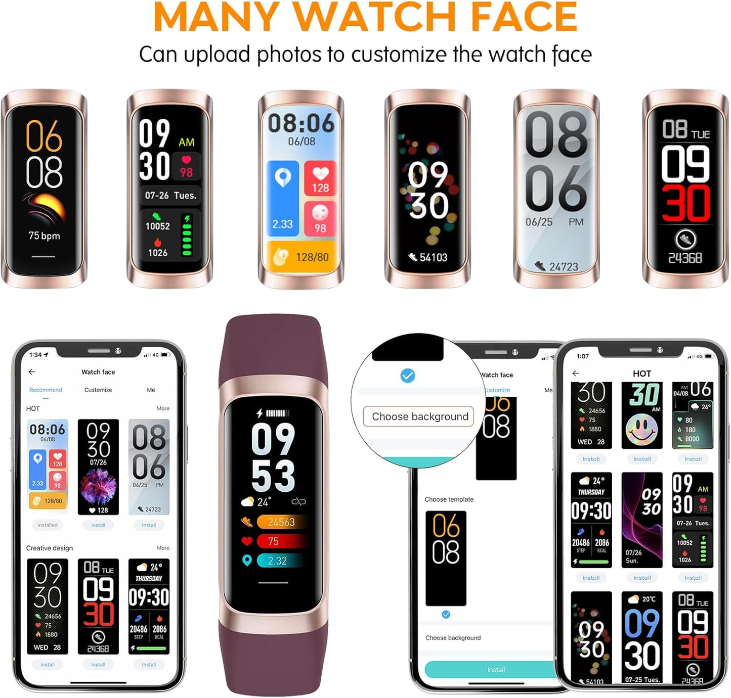 KYUHJU fitness tracker watch displaying heart rate, blood pressure, sleep data, and step count in a sleek black design.