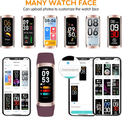KYUHJU fitness tracker watch displaying heart rate, blood pressure, sleep data, and step count in a sleek black design.