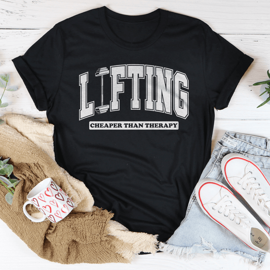 Lifting Cheaper Than Therapy Tee in black heather, featuring lifting graphic for casual and athletic wear.