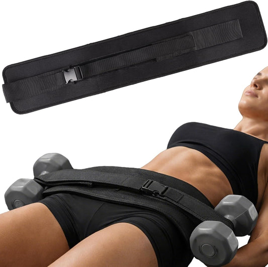 LuckyOpera black hip thrust belt with adjustable fit, slip-resistant padding, designed for dumbbell, kettlebell, and plate glute bridge workouts.
