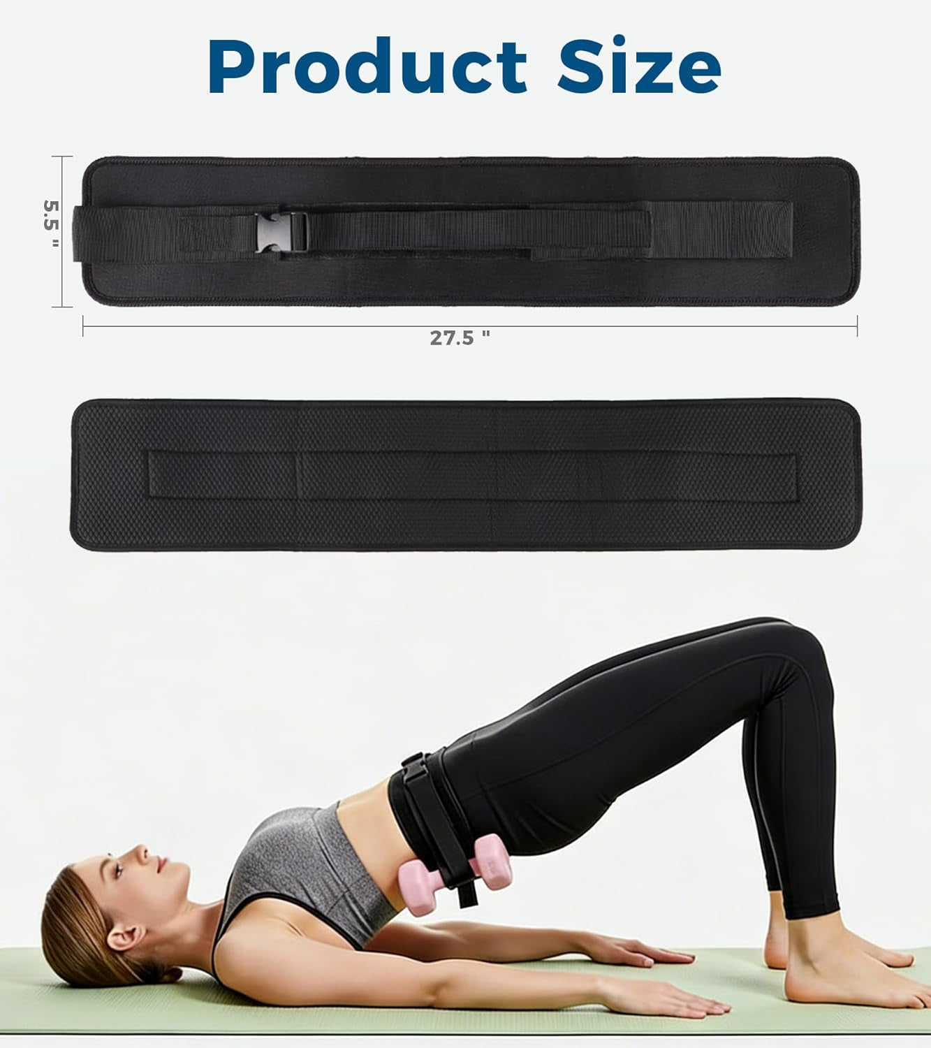 LuckyOPERA black hip thrust belt with adjustable fit, slip-resistant padding, designed for dumbbell and kettlebell glute bridge workouts.