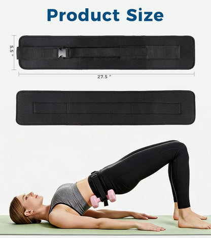 LuckyOPERA black hip thrust belt with adjustable fit, slip-resistant padding, designed for dumbbell and kettlebell glute bridge workouts.