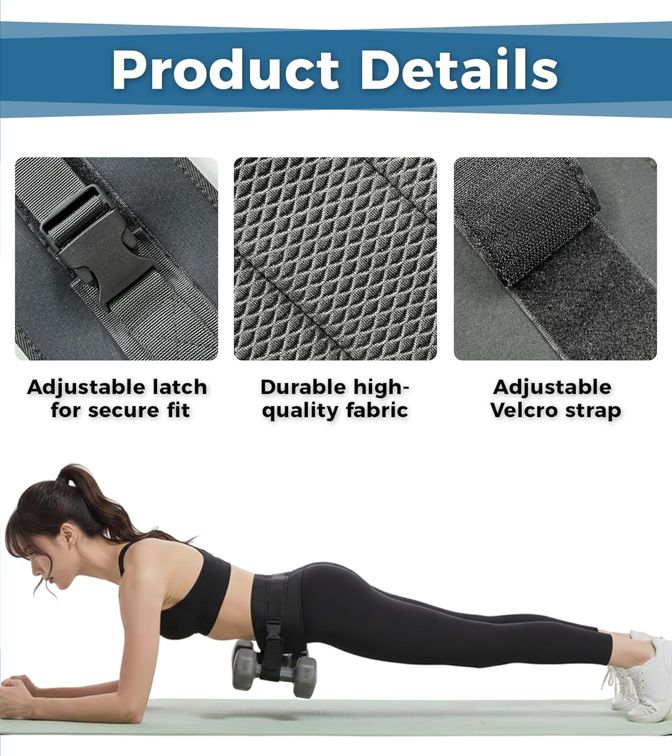 LuckyOPERA black hip thrust belt with slip-resistant padding, adjustable fit, designed for dumbbell, kettlebell, and plate glute bridge exercises.