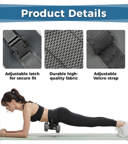 LuckyOPERA black hip thrust belt with slip-resistant padding, adjustable fit, designed for dumbbell, kettlebell, and plate glute bridge exercises.