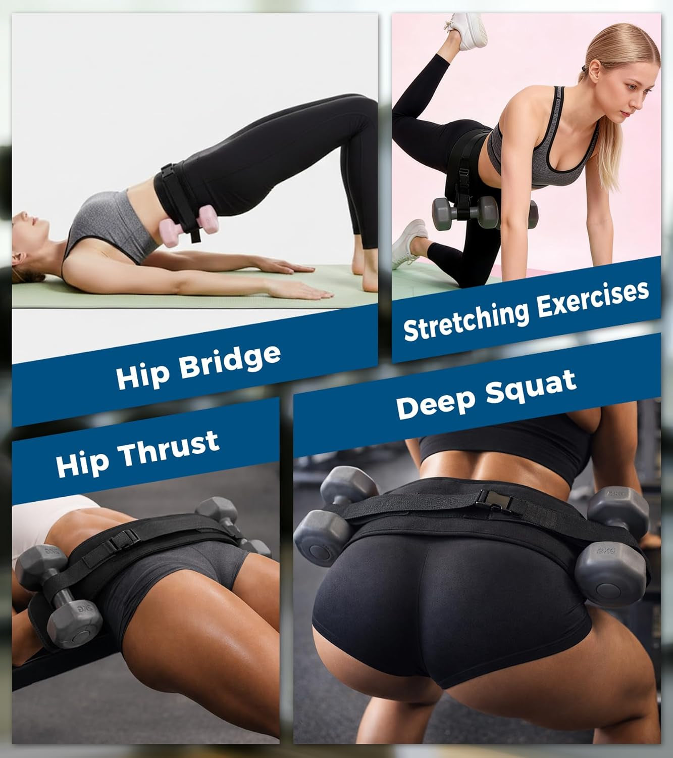 LuckyOpera black hip thrust belt with slip-resistant padding, adjustable for dumbbells, kettlebells, and weights for home and gym workouts.