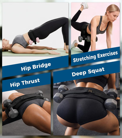 LuckyOpera black hip thrust belt with slip-resistant padding, adjustable for dumbbells, kettlebells, and weights for home and gym workouts.
