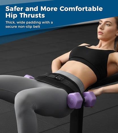 LuckyOpera black hip thrust belt with slip-resistant padding, adjustable fit, designed for dumbbells, kettlebells, and plates during workouts.