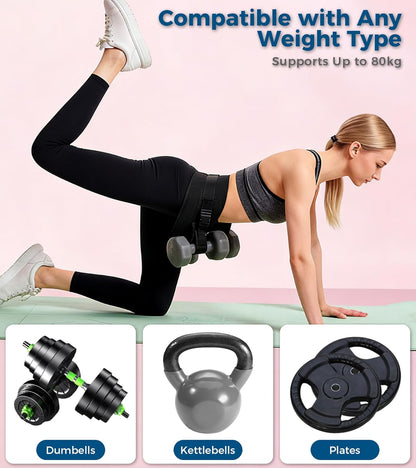 LuckyOpera black hip thrust belt with slip-resistant padding, adjustable for dumbbells, kettlebells, and plates, ideal for home gym workouts.