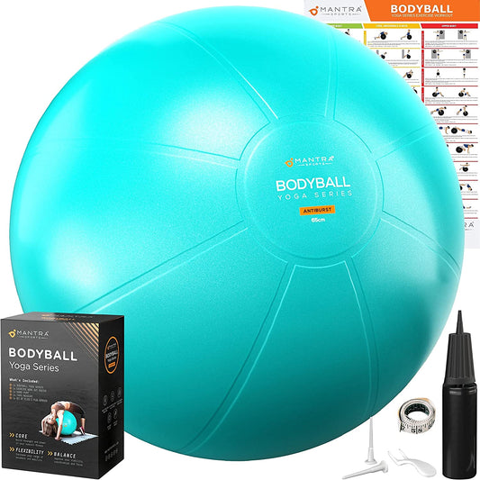 Turquoise MANTRA SPORTS exercise ball for Pilates, pregnancy, therapy, and fitness, with fast pump, suitable for home gym or office use.