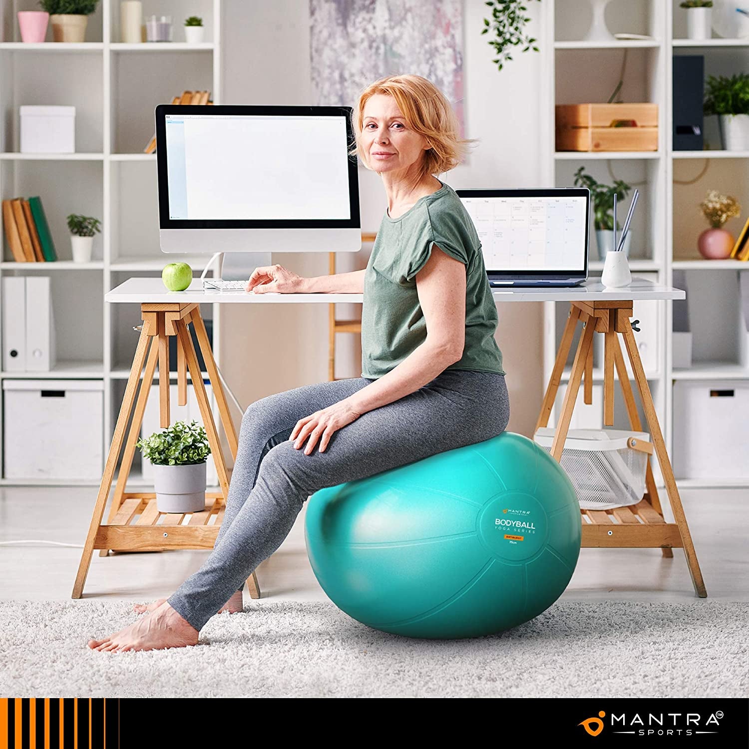 Turquoise MANTRA SPORTS exercise ball for Pilates, pregnancy, and fitness with fast pump, ideal for core stability, balance, and rehab.