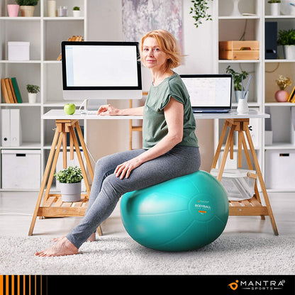 Turquoise MANTRA SPORTS exercise ball for Pilates, pregnancy, and fitness with fast pump, ideal for core stability, balance, and rehab.