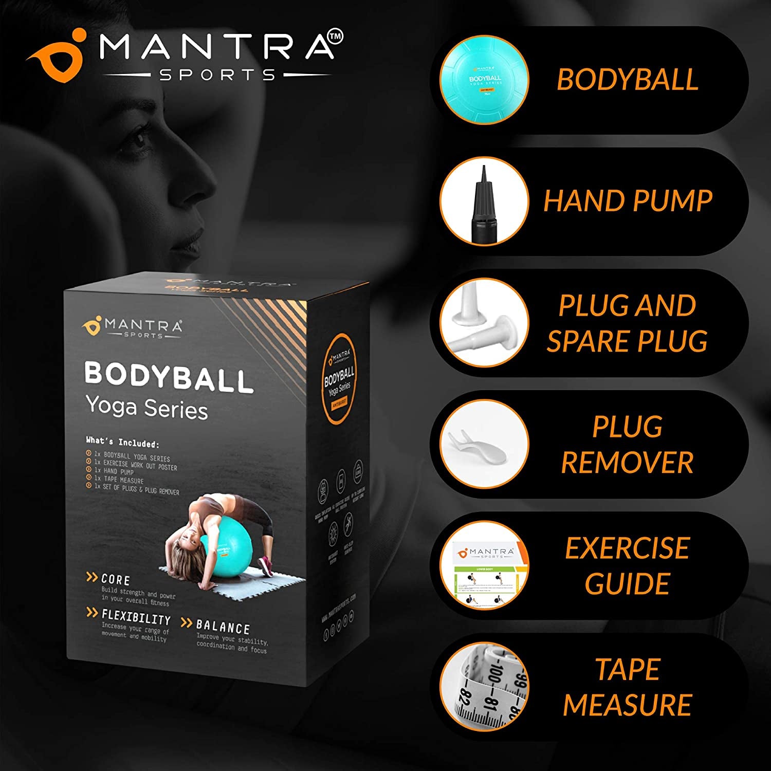 Turquoise MANTRA SPORTS exercise ball for Pilates, fitness, pregnancy, and therapy, with fast pump, ideal for core, stability, and rehab.
