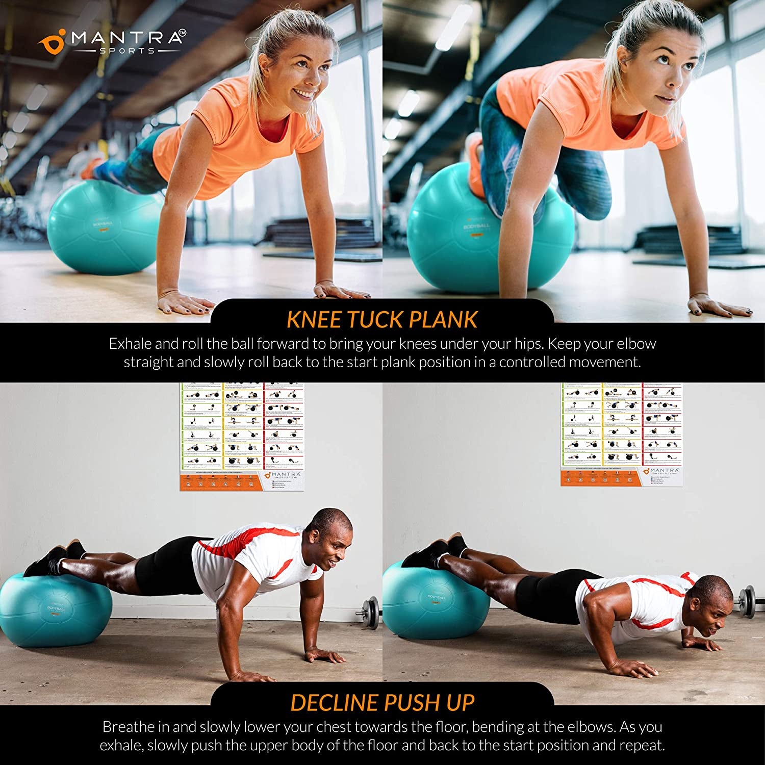Turquoise MANTRA SPORTS exercise yoga ball for Pilates, fitness, pregnancy, stability, core, balance, rehab, with fast pump included.
