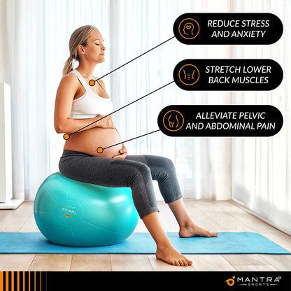 Turquoise MANTRA SPORTS exercise ball for Pilates, fitness, pregnancy, and rehab, includes fast pump, suitable for home gym and office use.