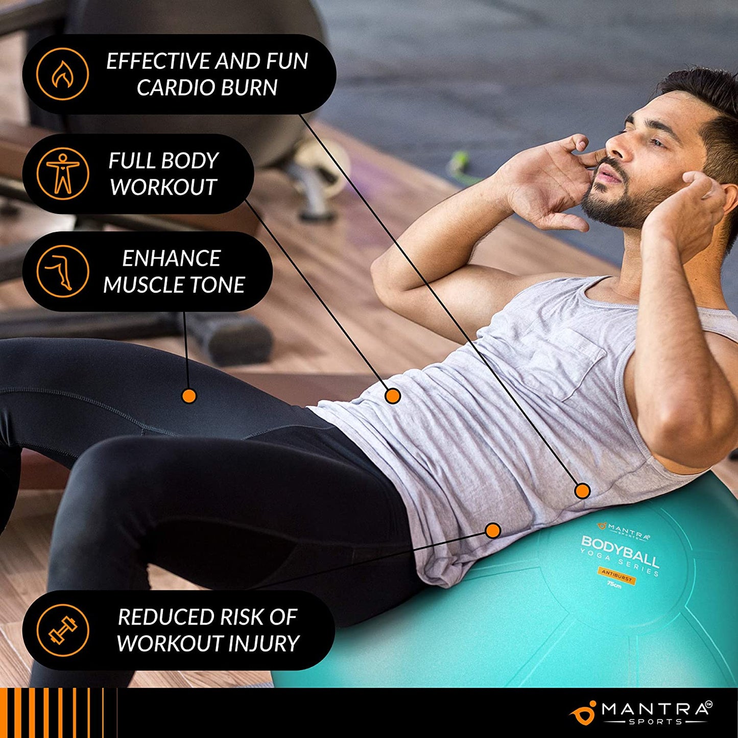 Turquoise MANTRA SPORTS exercise ball for Pilates, fitness, pregnancy birthing, core stability, and physical therapy, with fast pump.