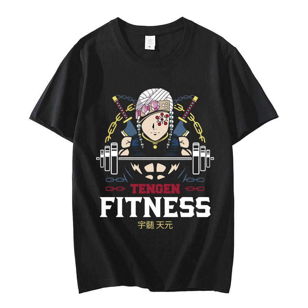 Tengen Uzui fitness t-shirt featuring a black design with workout graphics and vibrant colors for athletic and casual wear.