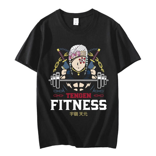 Tengen Uzui fitness t-shirt featuring a black design with workout graphics and vibrant colors for athletic and casual wear.