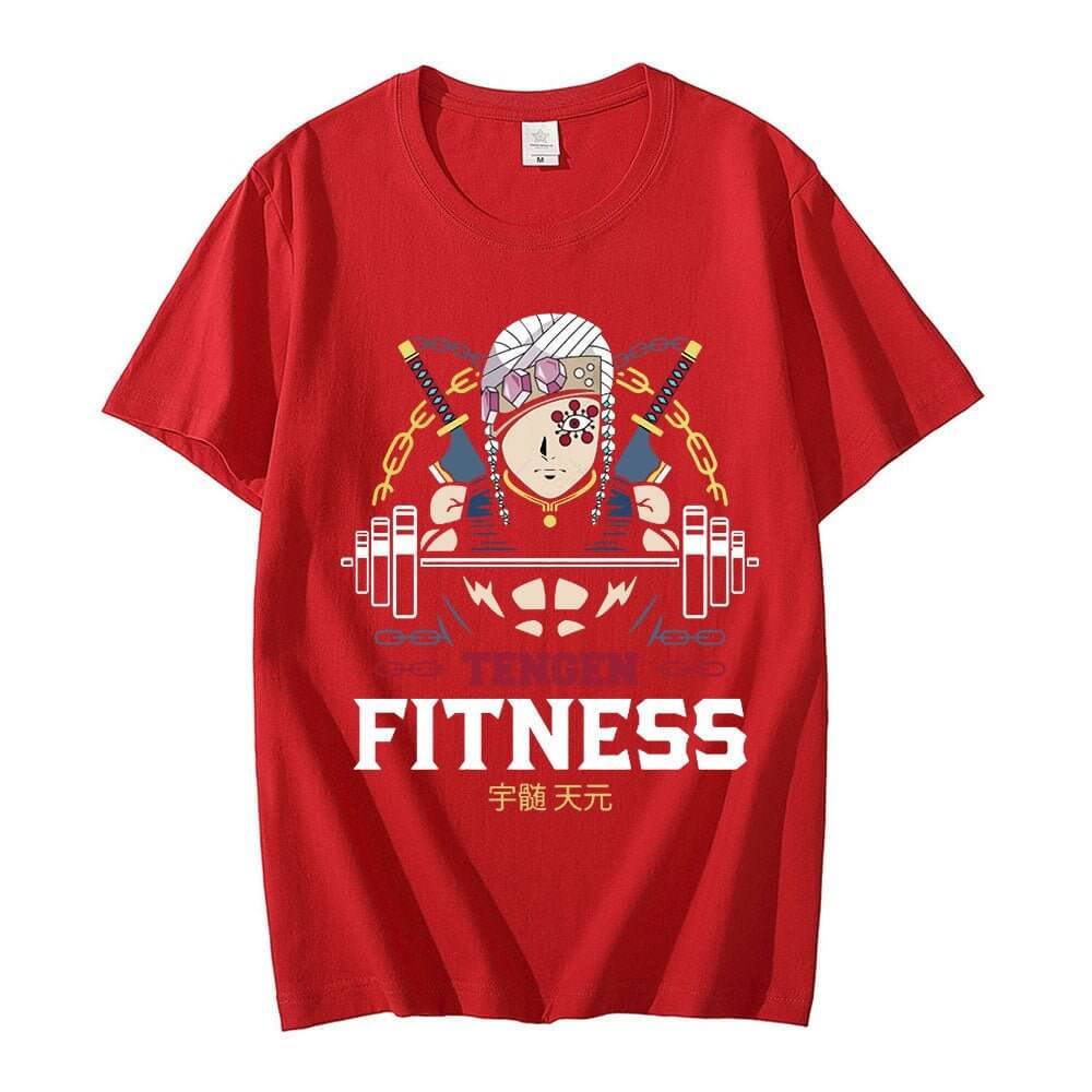Tengen Uzui fitness t-shirt in red with graphic design featuring weights and character illustration.