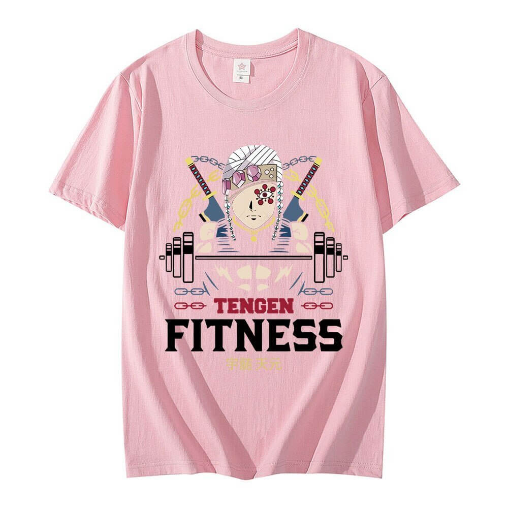 Tengen Uzui fitness t-shirt in pink featuring a graphic design with fitness elements and bold text.