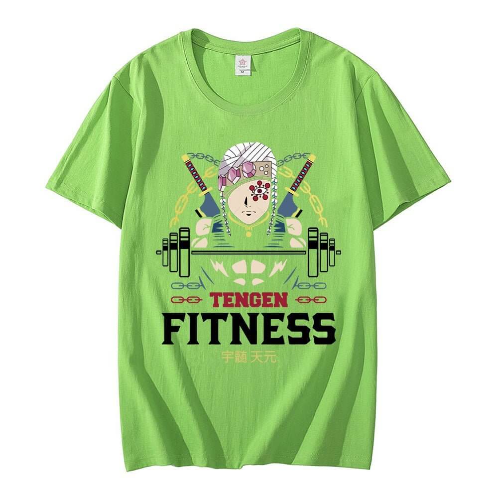 Tengen Uzui fitness t-shirt in green with graphic design for athletic wear and casual comfort.